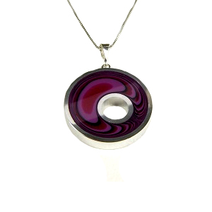 Bilberry Round Pendant with Hole. Resin with Aluminium. Sterling Silver Chain. Diameter 3 cm. Retail Price £40.00